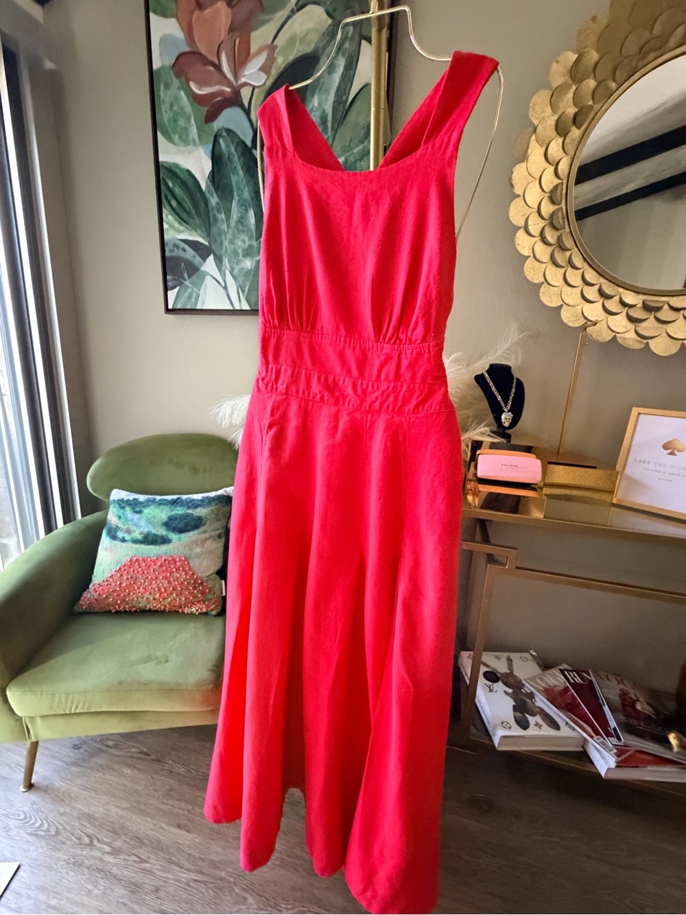 Rachel Zoe Red Linen Blend Cross Back Maxi Dress Size 8 Elegant Evening Gown - Picture 3 of 14
